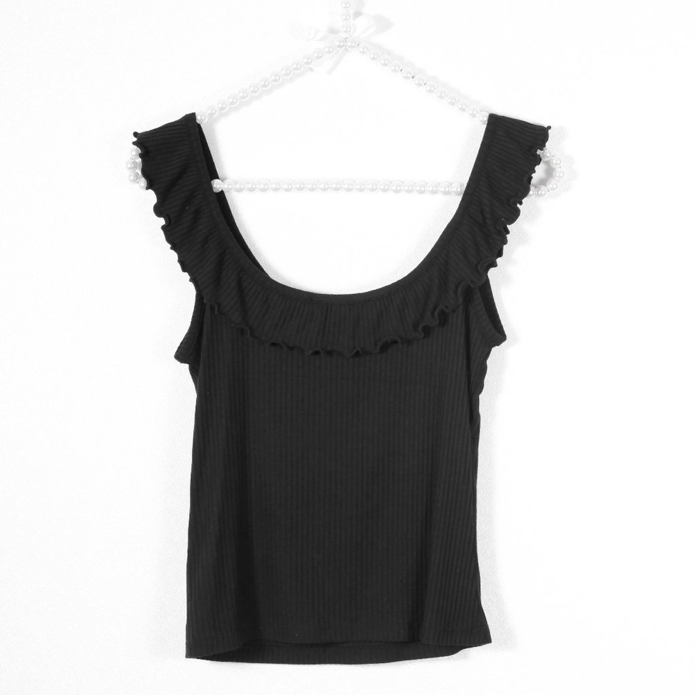 Ruffle Off-Shoulder Ribbed Crop Top, S